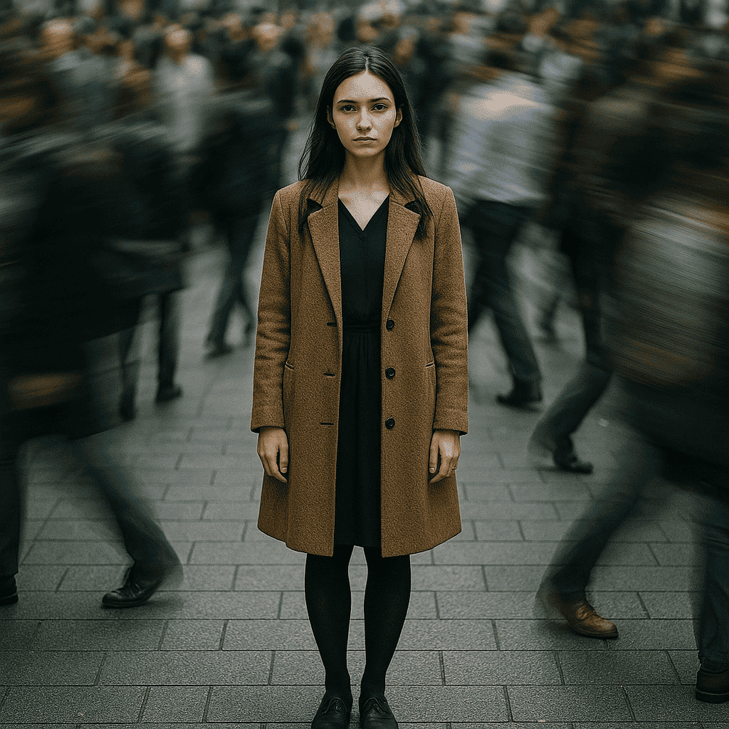 人並みが動き回る中で不安げな表情の女性が一人立ちすくんでいる